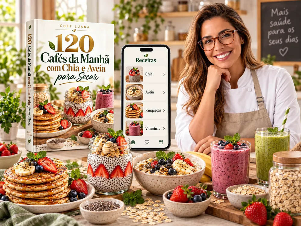 Banner com Chef Luana, livro de cafés da manhã, celular e receitas com chia e aveia
