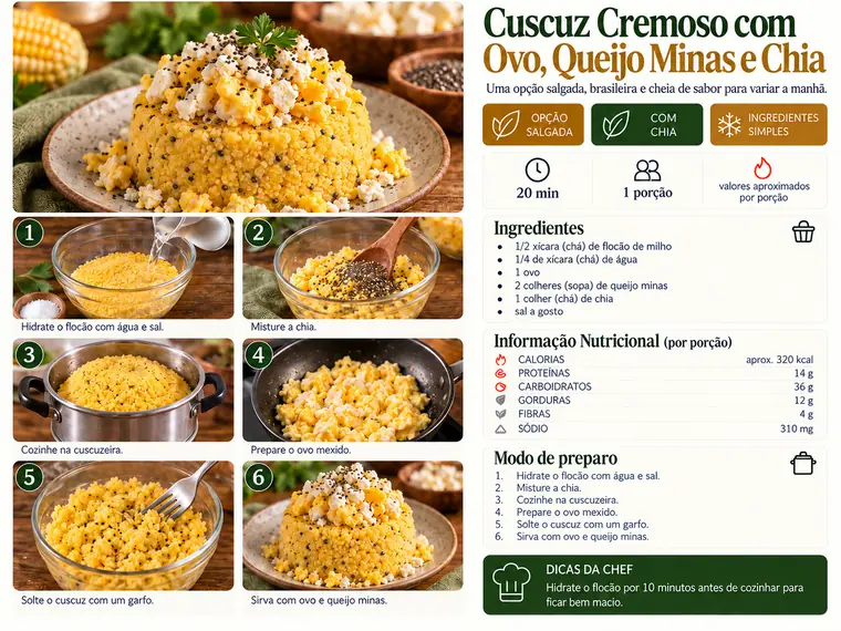 Página da receita Cuscuz Cremoso com Ovo, Queijo Minas e Chia